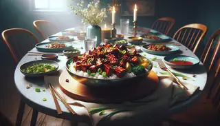 A vegan Korean BBQ Bulgogi Bowl with juicy seitan slices over fluffy rice, garnished with green onions and sesame seeds.