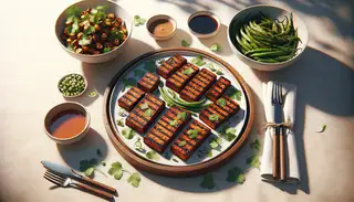 Asian spiced BBQ tempeh on a table with cilantro, hoisin sauce, and simple tableware, under a sunny sky.