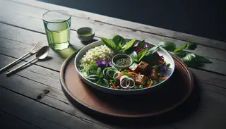 A minimalist and elegant table setup featuring a vibrant, colorful vegan dish with quinoa, marinated tofu, and fresh vegetables, garnished with edible flowers, beside a glass of herbal tea, all under natural lighting.