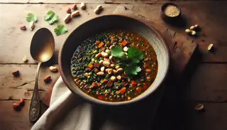 Vibrant vegan African-inspired fatty soup in a minimalist bowl, garnished with cilantro and crushed peanuts, on a rustic wooden table with natural lighting.