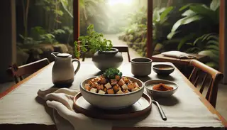 Minimalist plant-based breakfast scene with golden umami tofu dish, seasoned with soy sauce, nutritional yeast, and smoked paprika, garnished with fresh parsley in a serene setting.