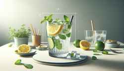 A deliciously zesty non-alcoholic drink served in a glass filled with sparkling water, lemon, lime, and simple syrup, garnished with mint leaves.