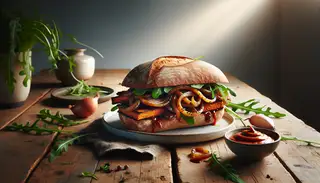 Vegan caramelized onion and seitan sandwich on rustic wooden table, featuring spicy sriracha mayo, hoisin glaze, and fresh arugula. Natural light enhances the appealing textures.