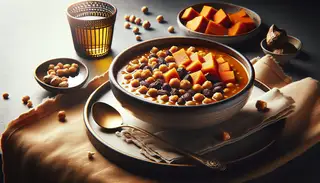 A vibrant, plant-based African-inspired Sticky Soup with chickpeas, sweet potatoes, and creamy peanut butter broth on a minimalist table setting.
