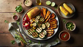 Vegan barbecue feast on a rustic wooden table featuring grilled jackfruit, sweet potatoes, corn, red peppers, and zucchini, all glazed with a shiny barbecue sauce and garnished with cilantro and lime wedges.