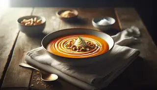 Image of a vibrant orange sweet potato and peanut soup in a deep bowl, garnished with coconut cream and peanuts, on a rustic wooden table in a softly lit gastropub.