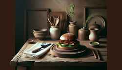 Vegan BBQ Jackfruit Sandwich on rustic table, minimalist tableware, greenery accent, scrumptious centerpiece