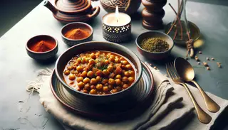 A cozy dinner scene with a steaming bowl of Vegan North African Stew on a neat table, exuding warmth and comfort on a rainy day.