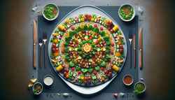 A vibrant, fresh salad with African culinary influences showcased on a minimalist table, emphasizing the natural appeal of the ingredients.