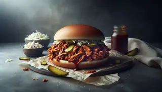 Vegan BBQ pulled jackfruit sandwich on a toasted bun, with coleslaw and pickles on the side, in a minimalist, naturally lit setting.
