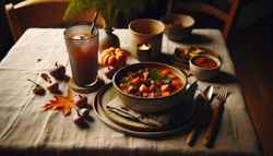 Minimalist dining table with a rustic bowl of Autumn Spiced Stew, a textured drink in a glass, tiny vase with autumn leaves, and warm lighting.