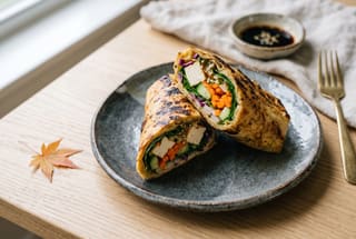 Binchotan-Toasted Yuba Burrito with Miso-Glazed Root Vegetables A toasted yuba burrito sliced open to reveal colorful vegetable and tofu fillings on a dark ceramic plate.