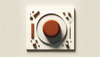 Vegan African spice cake on a white plate, surrounded by cinnamon sticks and nutmegs, on a minimalist table.