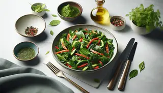 Vibrant African herb side dish, fresh and zesty, on minimalist table setting, portioned for one.