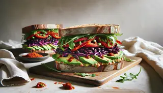 Vegan sandwich with avocado, roasted bell peppers, purple cabbage, spicy black beans, and arugula on whole grain bread, in a simple, well-lit setting.