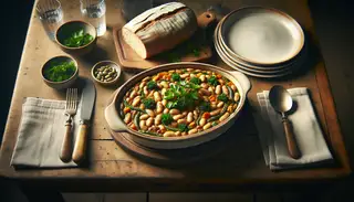 A cozy dinner setting with a vegan Butter Bean Casserole in a ceramic dish, wooden table, rustic bread, fresh parsley, ceramic plates, and warm lighting, inviting a tranquil meal.