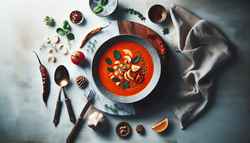 Vibrant vegan spicy soup as a centerpiece on a sleek table setting, inviting with rich colors and enticing textures, evoking comfort and indulgence.