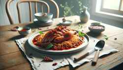 Photorealistic image of vegan confit 'duck' with shredded jackfruit and spicy plum sauce on a minimalist table, highlighted by natural light.