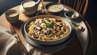 Vegan creamy mushroom and garlic pasta in a stylish bowl, garnished with fresh herbs, on a neat wooden table under natural light.