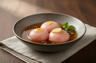 Three pink mochi in golden ginger-osmanthus syrup, served in a minimalist ceramic bowl. Elegant, serene Japanese vegan dessert photography.