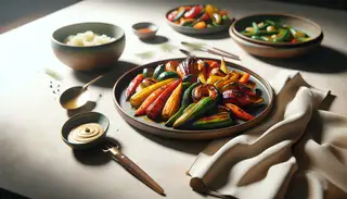 Realistic image of African-inspired tart marinade vegetables on a simple plate, in vibrant colors, under natural light, with a side of greens.