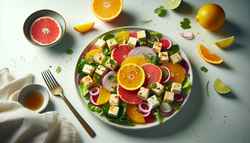 A fresh Citrus Tofu Salad with tofu cubes, red onion, citrus segments, and greens, dressed and garnished with sesame seeds on a minimalistic table.