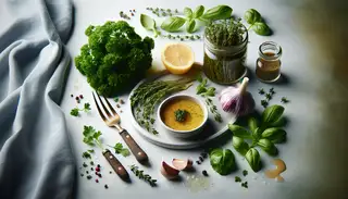 A serene image of a light and appetizing marinade on a simple table setting with fresh herbs, lemon, garlic, and Dijon mustard.