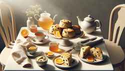 High tea setting with citrusy vegan scones on a ceramic plate, vegan cream, honey jar, glass teapot with herbal tea, fresh flowers, and a linen napkin, in a minimalist, elegant setup.