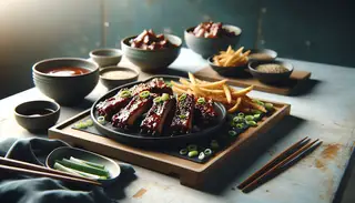 Minimalist outdoor food truck setting with a clean table displaying Asian-inspired vegan BBQ seitan ribs, garnished with sesame seeds and green onions, served with a dipping sauce.
