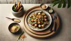 Image of a minimalist table setting with a dish of roasted jackfruit topped with golden panko, sesame seeds, and scallions, ready to eat.