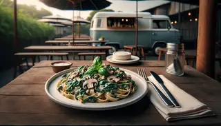 Rustic outdoor dining scene featuring creamy vegan mushroom and spinach pasta on a white plate, with a food truck faintly visible in the background.
