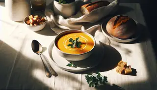 A minimalist table setting with a creamy butternut squash soup in a white bowl, garnished with parsley, and accompanied by bread or crackers, in soft natural light.