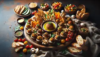 Create a striking image that portrays a perfectly arranged table set with an assortment of enticing finger foods. Central to the arrangement is a wooden platter that holds several delectable Vegan Stuffed Mushrooms, boasting a golden hue and specks of toasted breadcrumbs on top. Surrounding the pleasurable mushrooms, visualize a medley of colourful appetizers, such as crisp vegetable crudités, lightly roasted cherry tomatoes, and a selection of sliced artisanal bread. Complete the scene with a light drizzle of olive oil and a dusting of fresh parsley lingering over the feast. The table exudes a warm and welcoming ambience, enticing individuals to partake in this delightful feast of finger foods.