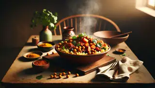 Traditional African vegan dish 'Toasty Marinade' in a bowl with millet, sweet potatoes, and chickpeas, garnished with cilantro, on a simple table under warm light.