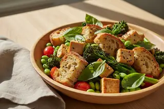 Vegan Panzanella with charred broccolini, crispy tofu, sourdough, and edamame in a wooden bowl, topped with Thai basil and ginger-yuzu glaze.