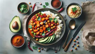 Illustration of a minimalist, elegant table setting featuring an African-inspired vegan brunch with a vegetable stew of sweet potatoes, red bell peppers, chickpeas, tomatoes, and coconut milk over millet porridge, garnished with cilantro and avocado slices.