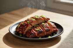 Smoked Gochujang Bourbon Lion’s Mane ribs with a glossy red glaze, sesame seeds, and scallions on a dark plate in warm, natural sunlight.