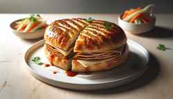 Gourmet vegan sandwich with smoked seitan and vegan mozzarella in flaky pastry, topped with black sesame seeds, served with pickled carrots and daikon.