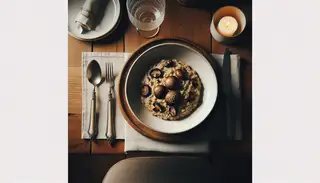 Image of a creamy vegan shiitake mushroom risotto in a white bowl, set on a wooden table with elegant silverware and a linen napkin, under warm lighting.