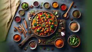 A mouthwatering vegan East African appetizer bursting with vibrant spices, crispy texture, and colorful vegetables, beautifully presented on a clean, spotless table.