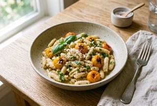 Sourdough Cavatelli with Preserved Lemon and Charred Fresno Emulsion A bowl of sourdough pasta with yellow tomatoes and herbs on a wooden table in soft natural light.