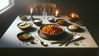 Photorealistic image of Vegan African Spiced Sweet Potato Stew in an elegant dish, with fresh cilantro garnish, flatbread, and steamed rice, warmly lit for a cozy ambiance.