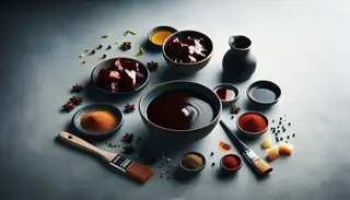 A vegan BBQ marinade in a bowl, surrounded by soy sauce, apple cider vinegar, and smoked paprika on a minimalist table.