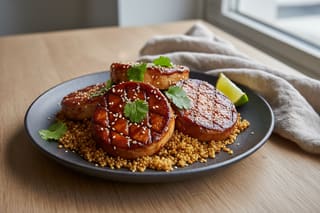 Glazed Harissa-Ginger King Oyster Mushroom steaks over golden millet, garnished with sesame and cilantro on a dark ceramic plate.