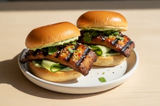 Vegan Gochujang-Bourbon mushroom sliders with charred 'ribs', pickled cucumber, and sesame seeds on toasted buns in bright California sunlight.