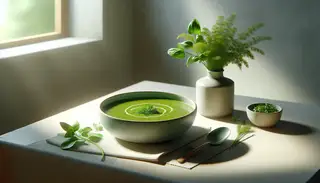 Image of a creamy, vibrant green 'Today's Grassy Soup' in a simple bowl, with a spoon and a small vase of parsley and basil, on a minimalistic table under natural light.