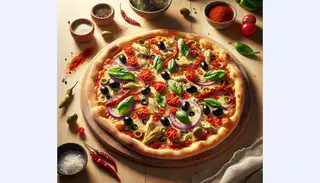 Freshly baked vegan artisan thin-crust pizza on a wooden table, topped with colorful vegetables and melted cheese, in natural light.