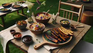 Vegan Asian BBQ picnic on a wooden table featuring smoky grilled jackfruit, spicy wasabi-mayo coleslaw, wildflowers, and a linen napkin, set outdoors with greenery.