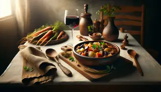 Macerated Winter Vegetable Stew in a rustic bowl, with a wooden spoon, fresh parsley, and red wine on a minimalist wooden table, warmly lit.