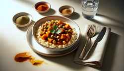 Elegant white bowl of vegan African-inspired stew with millet, sweet potatoes, and chickpeas, garnished with coriander. Silverware and water glass complement the setting.